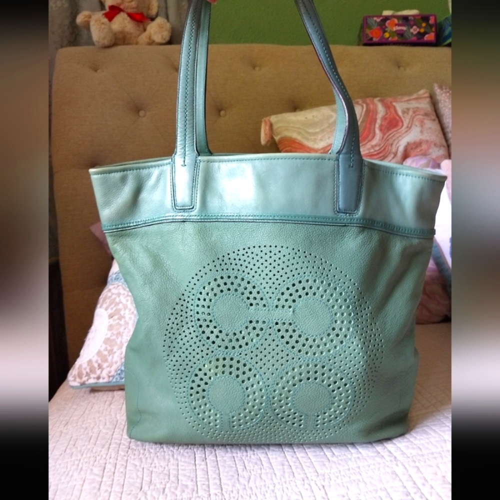 Coach Signature Audrey Perforated Sea Foam Aqua Leather DoubleHandle Tote #17041